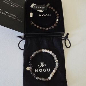 NOGU Beaded Stretch Bracelet Set in Black w/ Brown, cream and Silver